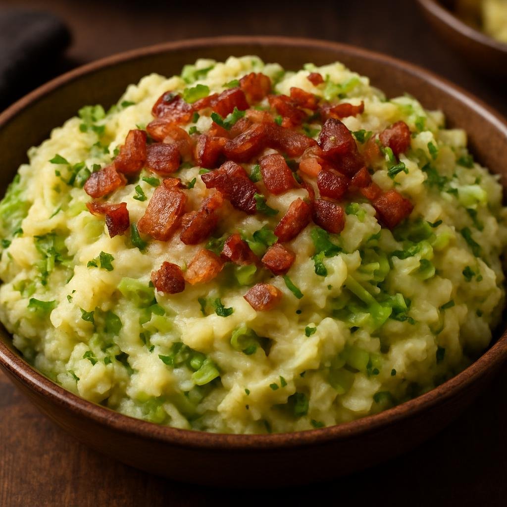 Entree: Ireland – Irish Pub Classics – Colcannon with Bacon (creamy mashed potatoes mixed with sautéed cabbage and bacon) recipe