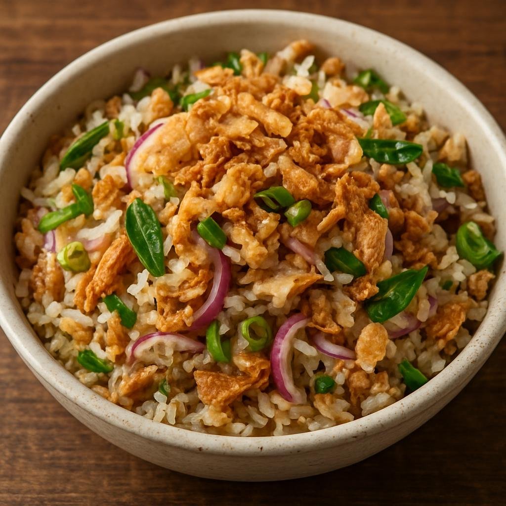Entree: Myanmar – Mon Cuisine – ထမင်းဂျင် ➤ Htamin Jin (Mon-style savory sour rice salad with fish, aromatics, and crunchy toppings) recipe