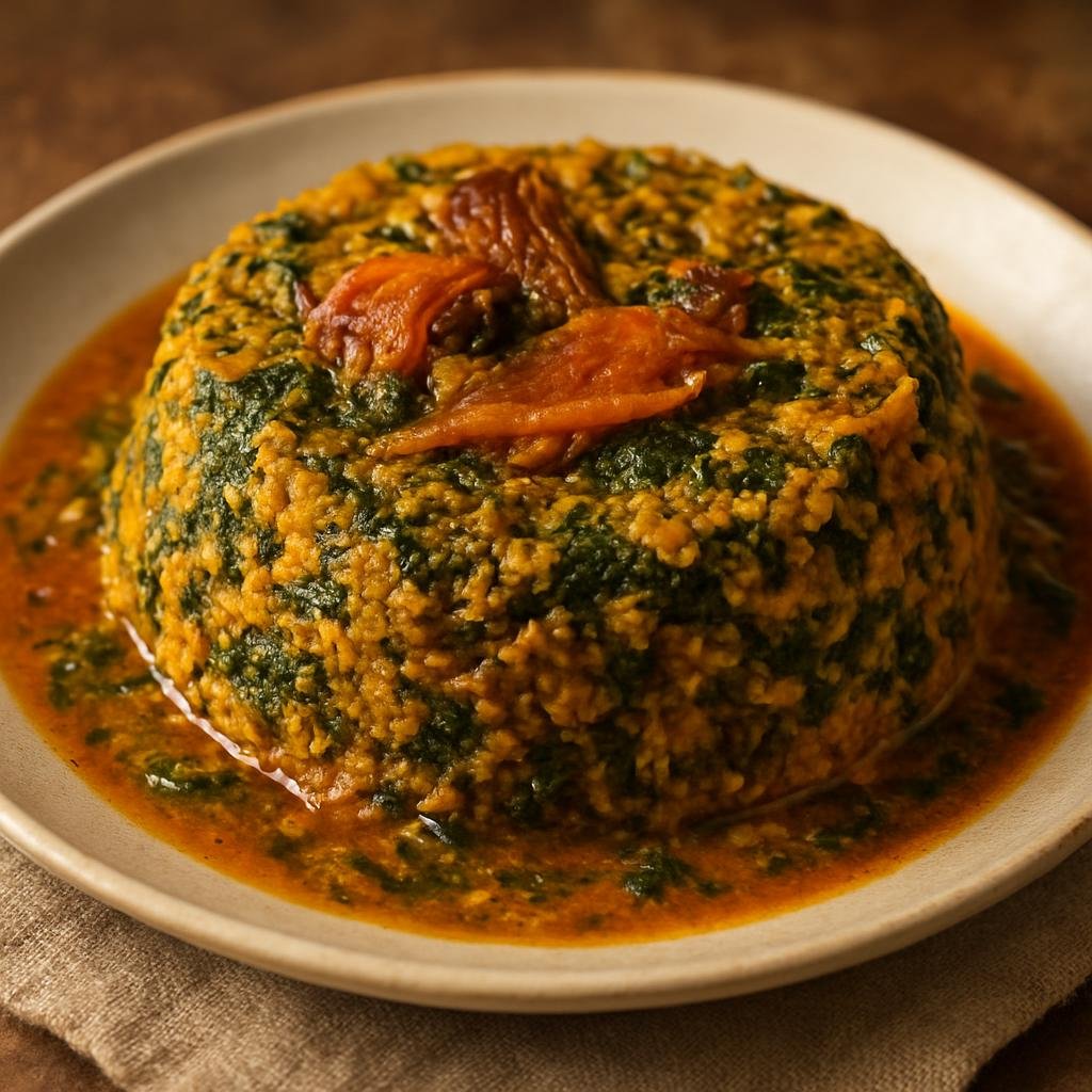 Entree: Cameroon – Northern Culinary Region – Egusi Pudding (Savory steamed pudding made from ground melon seeds mixed with greens, smoked fish, palm oil, and seasonings) recipe