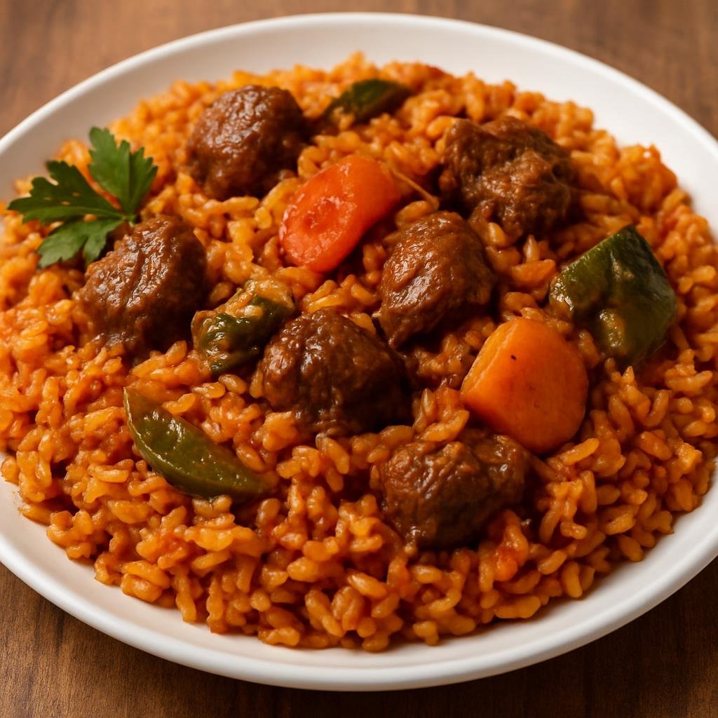 Entree: Cote d'Ivoire – Northern Culinary Region – Riz Gras (Ivorian "fat rice" — rice cooked in a richly seasoned tomato and palm oil sauce with meat and vegetables) recipe