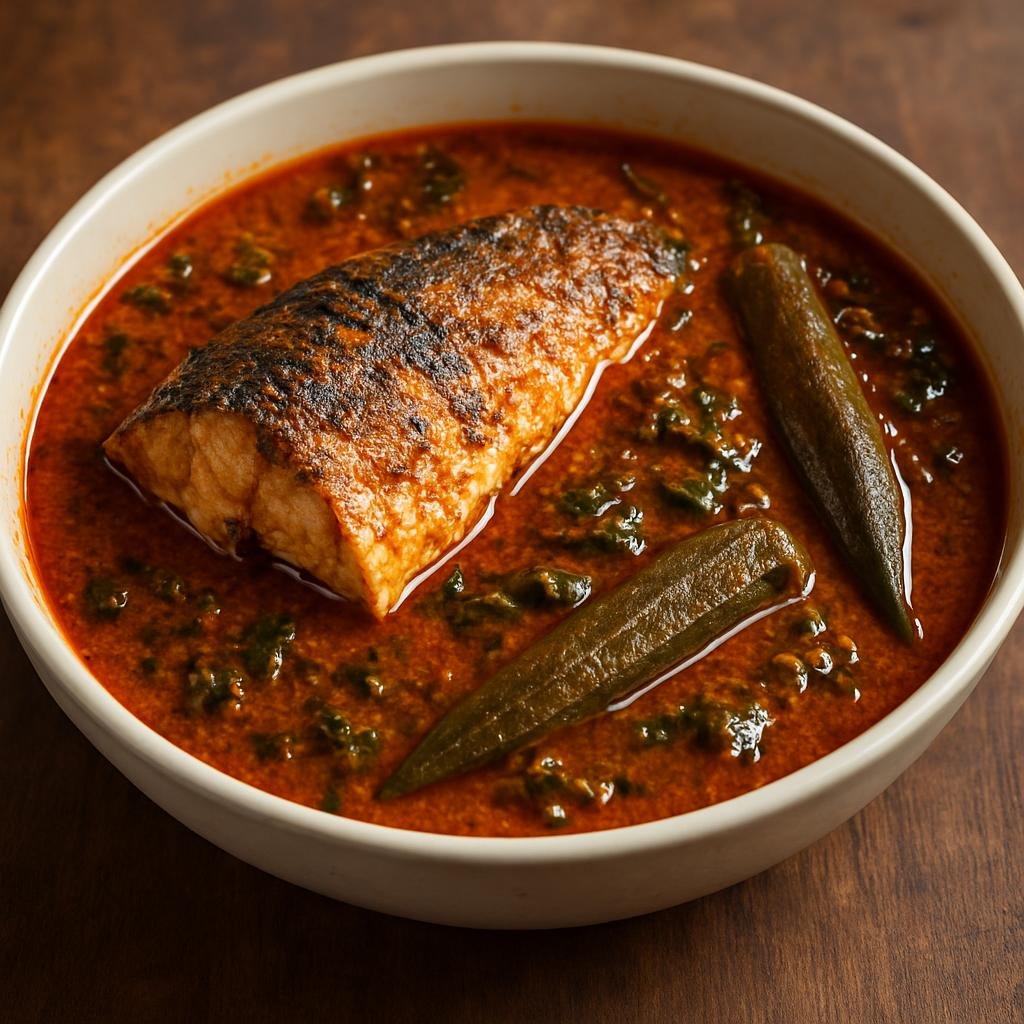 Entree: Equatorial Guinea – Northern Culinary Region – Banga Soup (Hearty palm-fruit broth with fish and native coastal spices) recipe
