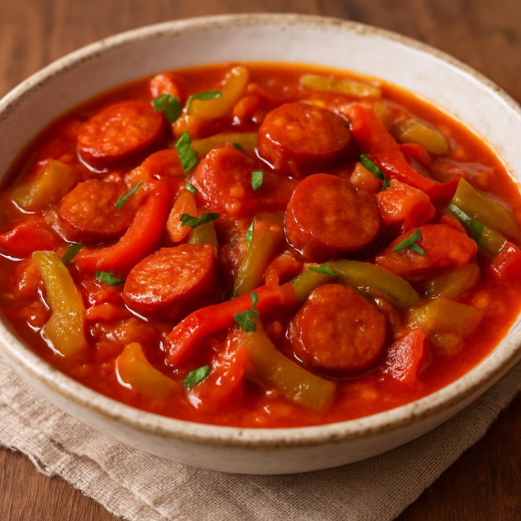 Entree: Hungary – Northern Hungary – Lecsó (A Hungarian pepper-and-tomato stew of onions, peppers and tomatoes, seasoned with sweet paprika and often enriched with sausage) recipe