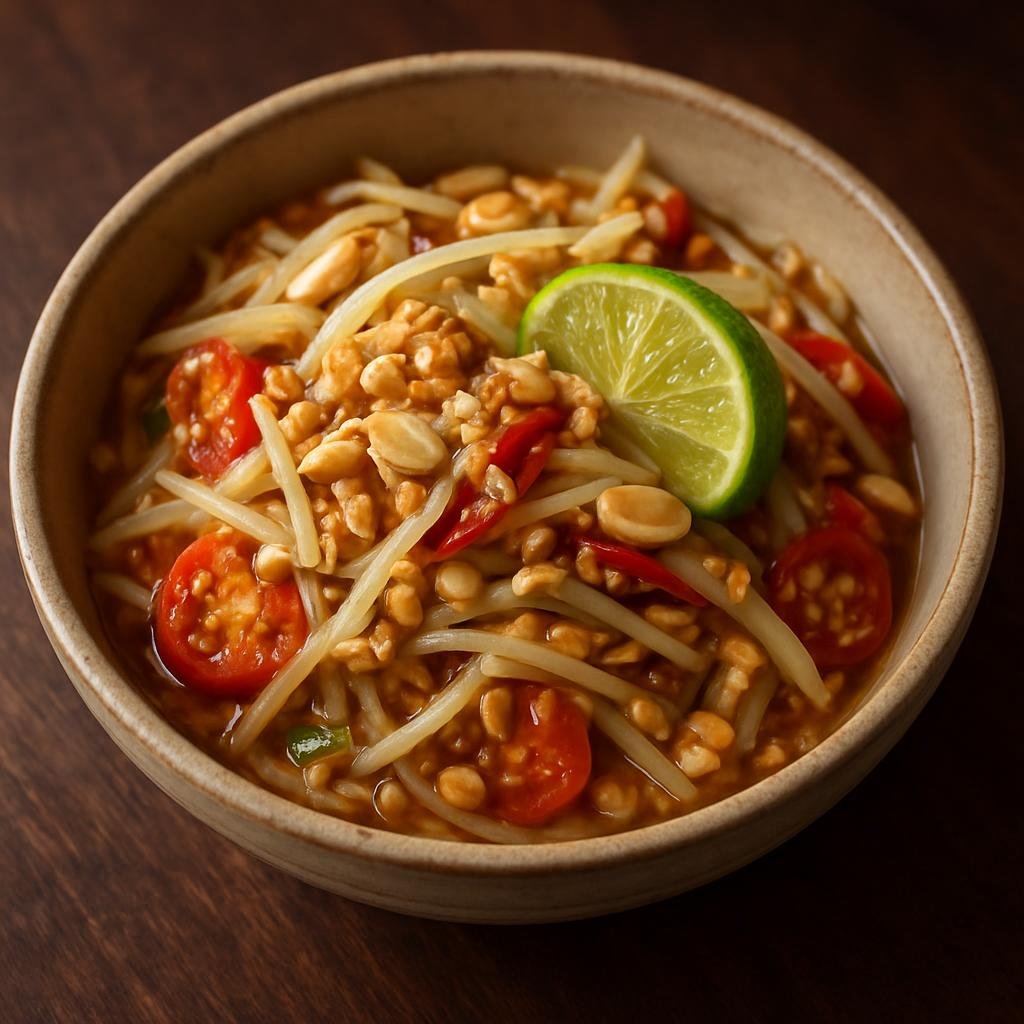 Entree: Laos – Southern Laos – ຕຳມັກຫຸ່ງ ➤ Tam Mak Hoong (Pounded green papaya salad with lime, fish sauce, chilies, toasted rice, and peanuts) recipe