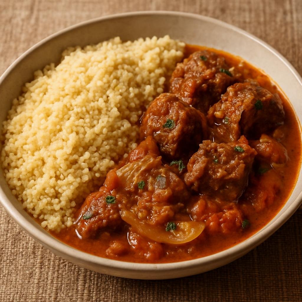 Entree: Senegal – Northern Senegal – Lakh (Steamed millet couscous served with a spiced lamb and onion-tomato sauce) recipe