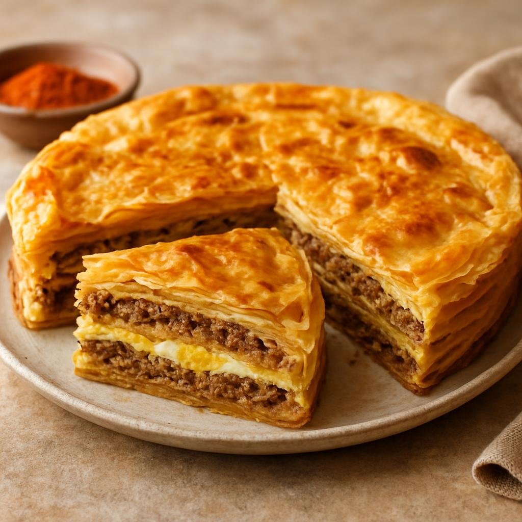 Entree: Tunisia – Southern Tunisia – طاجين ملسوقة ➤ Tajin Malsouka (Southern Tunisian layered savory pie of minced meat, egg, and spices baked in thin pastry sheets) recipe