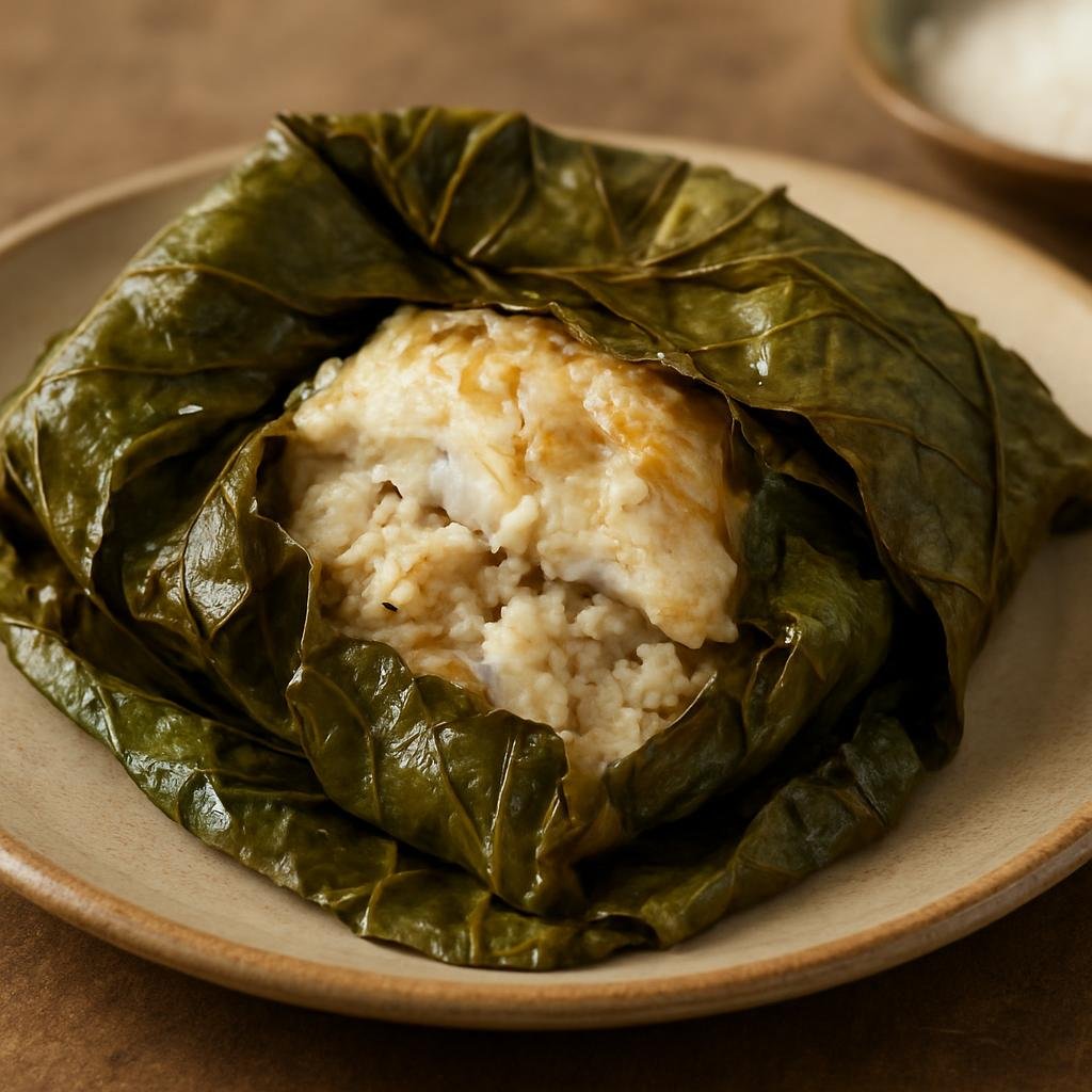Entree: Kiribati – Southern Culinary Region – Te Roro (Coconut-and-fish parcel steamed or baked in taro leaves) recipe