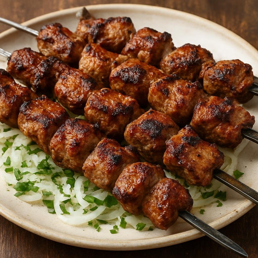 Entree: Kyrgyzstan – Southern Culinary Region – Шашлык ➤ Shashlyk (Skewered, marinated chunks of lamb grilled over charcoal) recipe