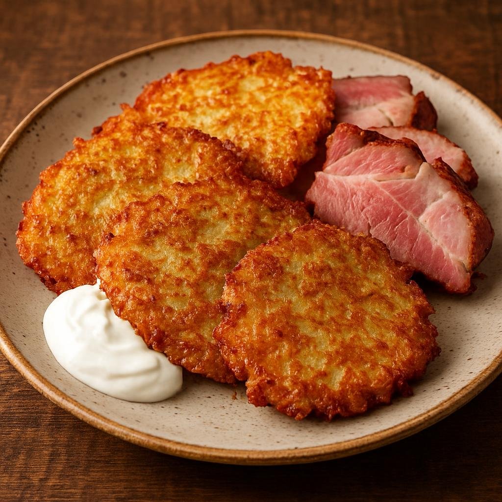 Entree: Lithuania – Southern Culinary Region – Bulviniai Blynai (Pan-fried grated potato pancakes commonly served with sour cream and smoked pork) recipe