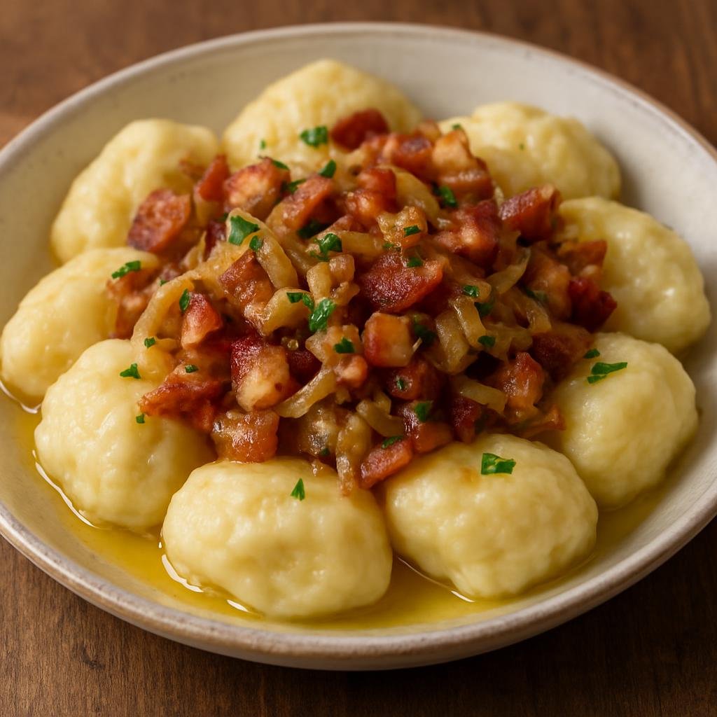 Entree: Luxembourg – Southern Culinary Region – Kniddelen (Soft boiled Luxembourgish dumplings typically served with fried bacon and onion butter) recipe