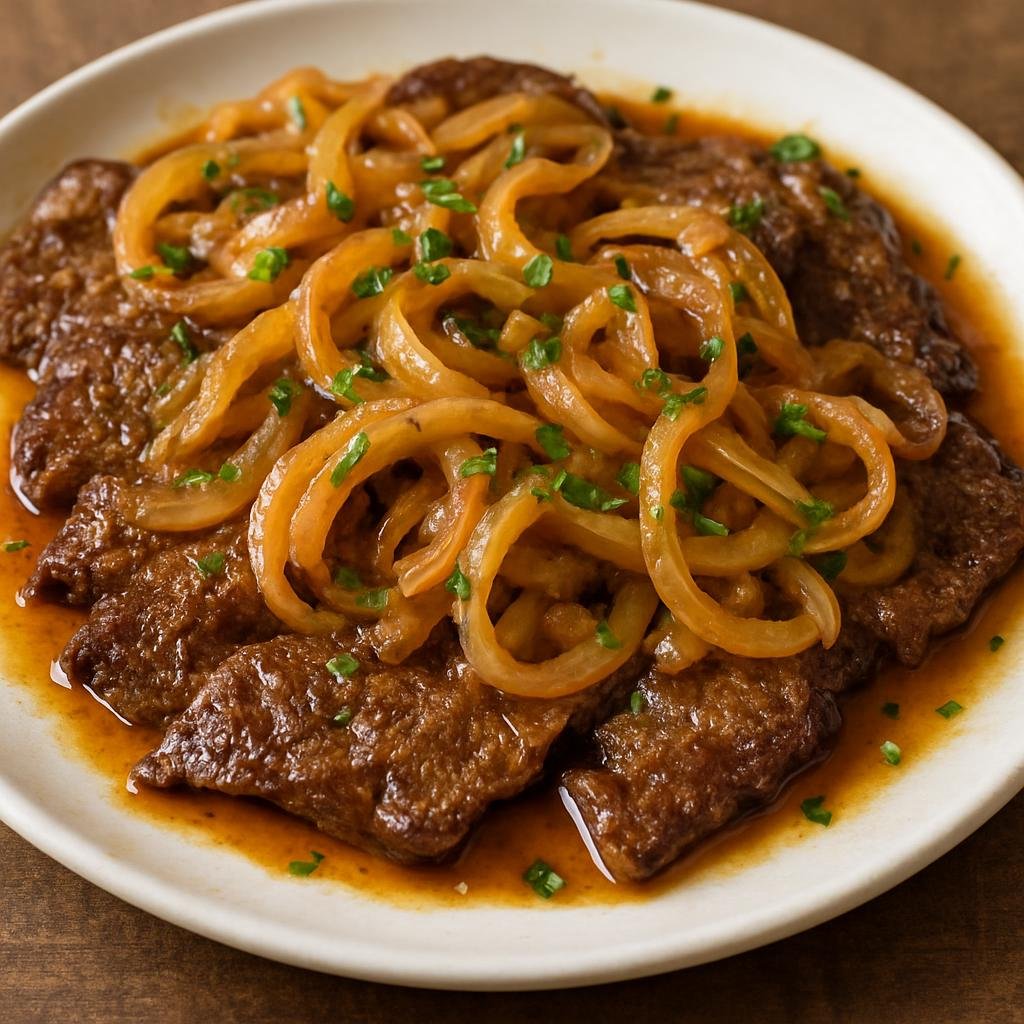 Entree: Puerto Rico – Southern Culinary Region – Bistec Encebollado (Thinly sliced, marinated and pan-seared beef cooked with a sweet-tangy onion sauce) recipe