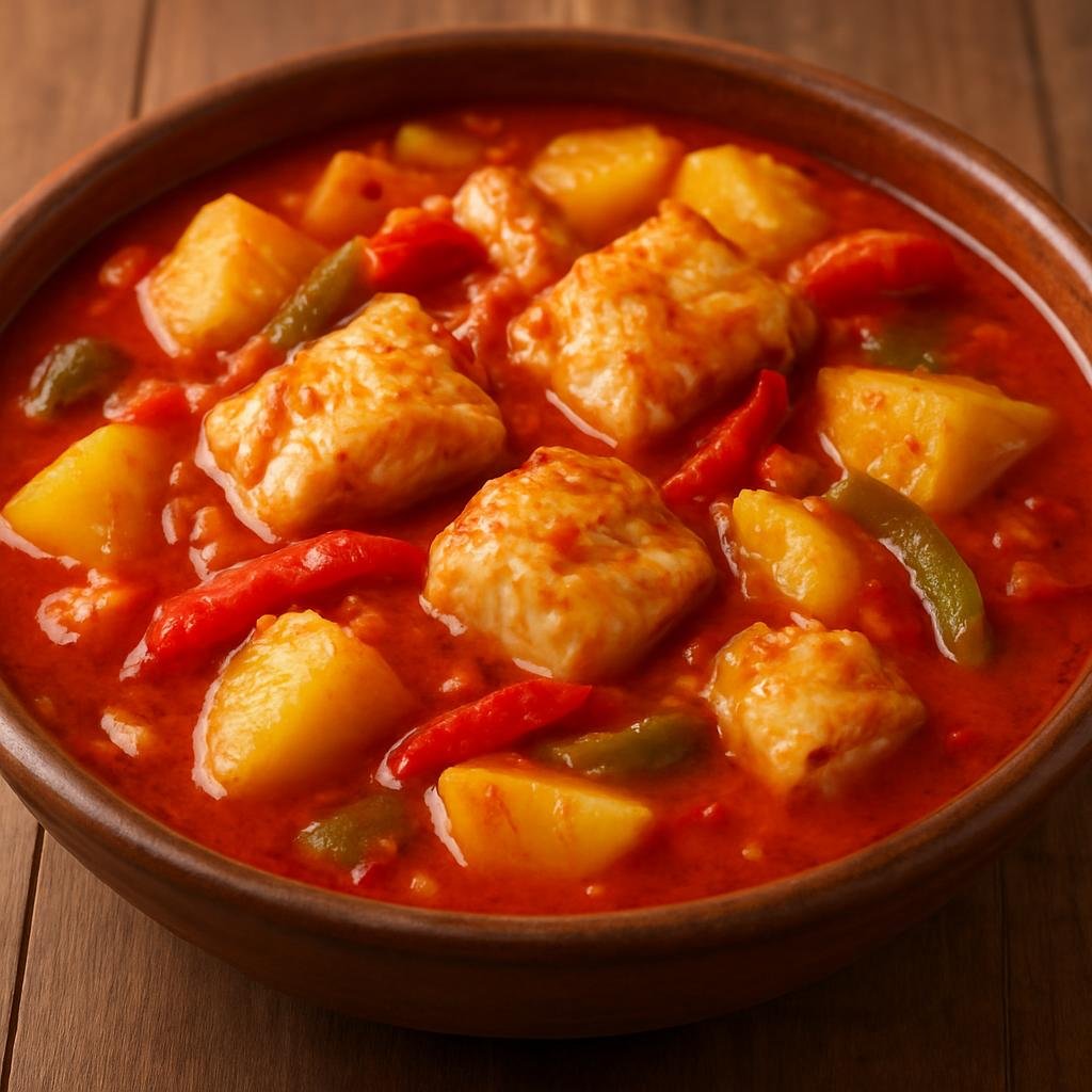 Entree: Spain – Asturias – Caldereta de Pescado (Hearty Asturian fish stew of firm white fish cooked with potatoes, tomatoes, and peppers) recipe