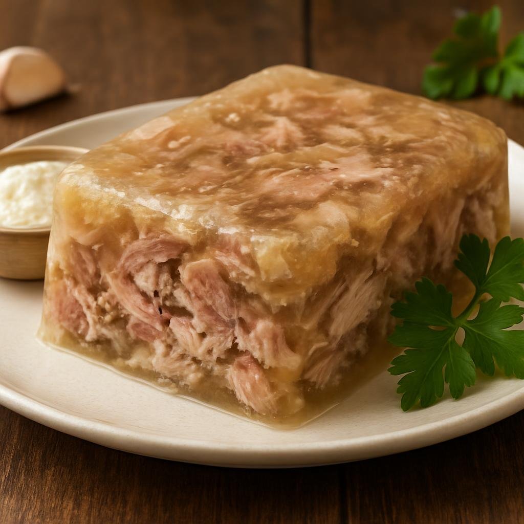 Entree: Ukraine – Eastern Ukraine – Холодець ➤ Kholodets (Savory meat aspic made by long-simmering collagen-rich cuts until the broth gels when chilled) recipe