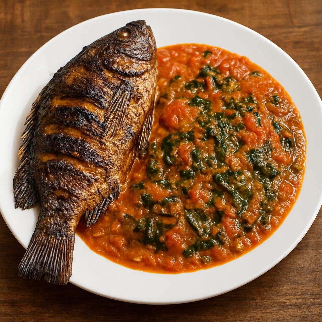 Entree: Ghana – Ewe Volta Cuisine – Yakayake with Grilled Tilapia (Ewe Volta peanut-based vegetable stew served with charred grilled tilapia) recipe
