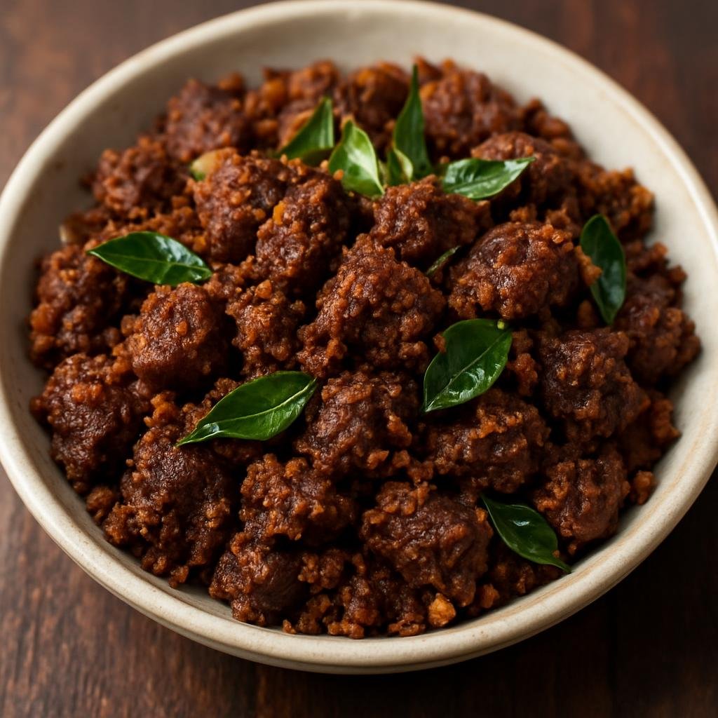 Entree: Sri Lanka – Kandyan Highlands – බීෆ් බදුන් ➤ Bīf Badun (Spicy dry-fried beef tossed with Sri Lankan spices and coconut from the Kandyan Highlands) recipe