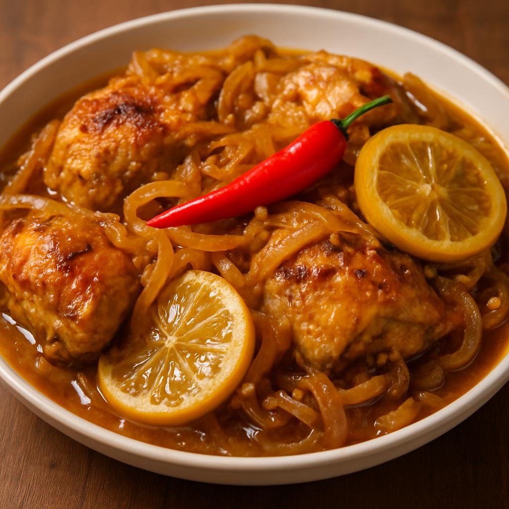 Entree: Djibouti – Northern Culinary Region – Yasa Chicken (Tangy marinated chicken stewed with caramelized onions, lemon, and hot pepper) recipe