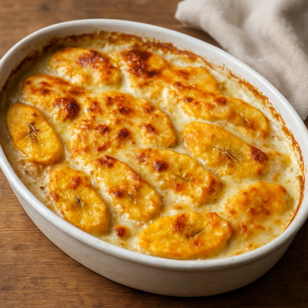 Entree: French Guiana – Northern Culinary Region – Gratin de Banane Jaune (Baked savory gratin of ripe yellow plantains in a creamy coconut-cheese sauce) recipe