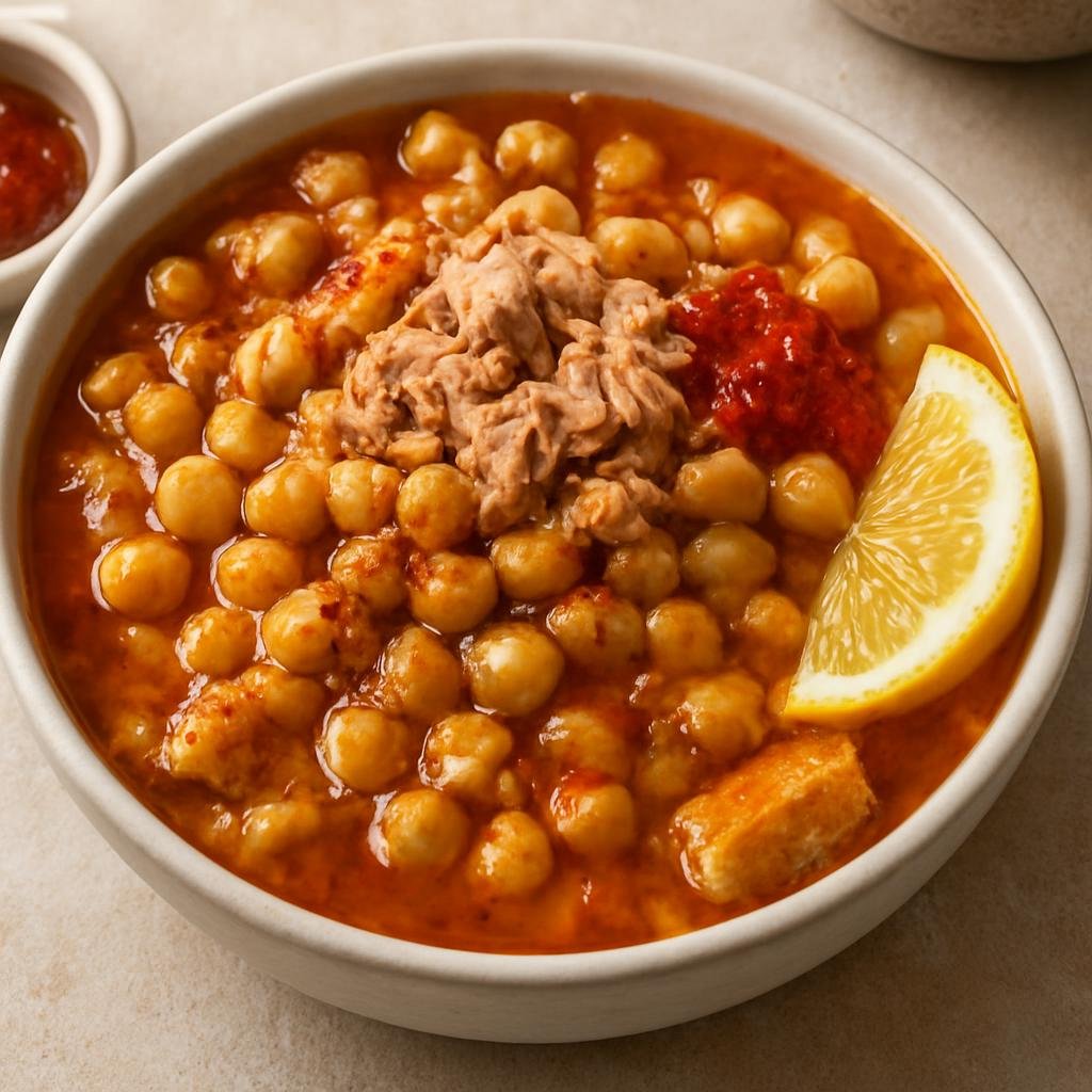 Entree: Tunisia – Southern Tunisia – لبلابي ➤ Lablābī (Hearty Tunisian chickpea stew ladled over stale bread and finished with olive oil, lemon, harissa, and tuna) recipe