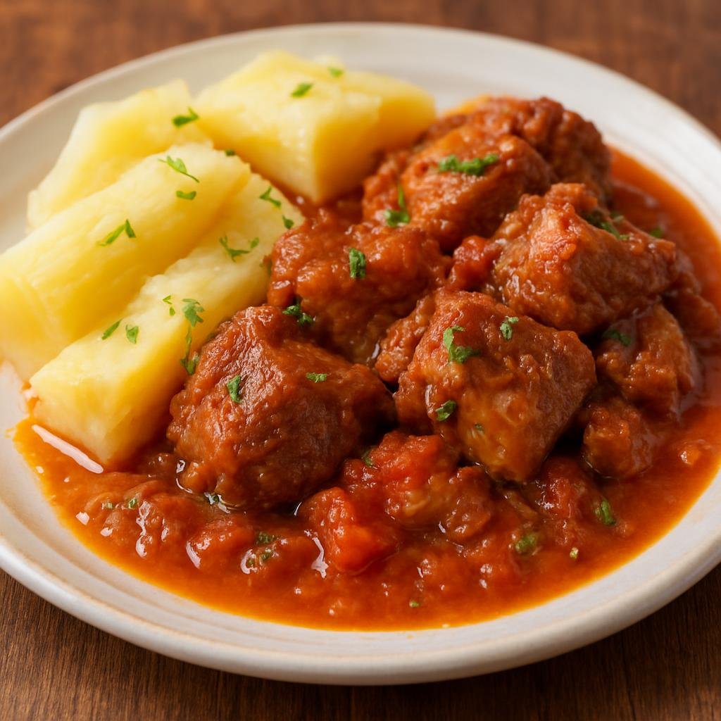 Entree: Nicaragua – Southern Culinary Region – Chancho con Yuca (Slow-braised pork with boiled cassava in a garlicky, tomato-scented sauce) recipe