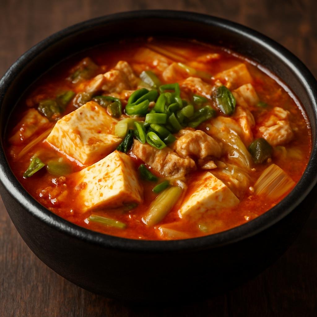 Entree: North Korea – Pyongyang – 순두부찌개 ➤ sundubu jjigae (Soft silken tofu stew in a spicy savory broth often with pork or seafood and vegetables) recipe