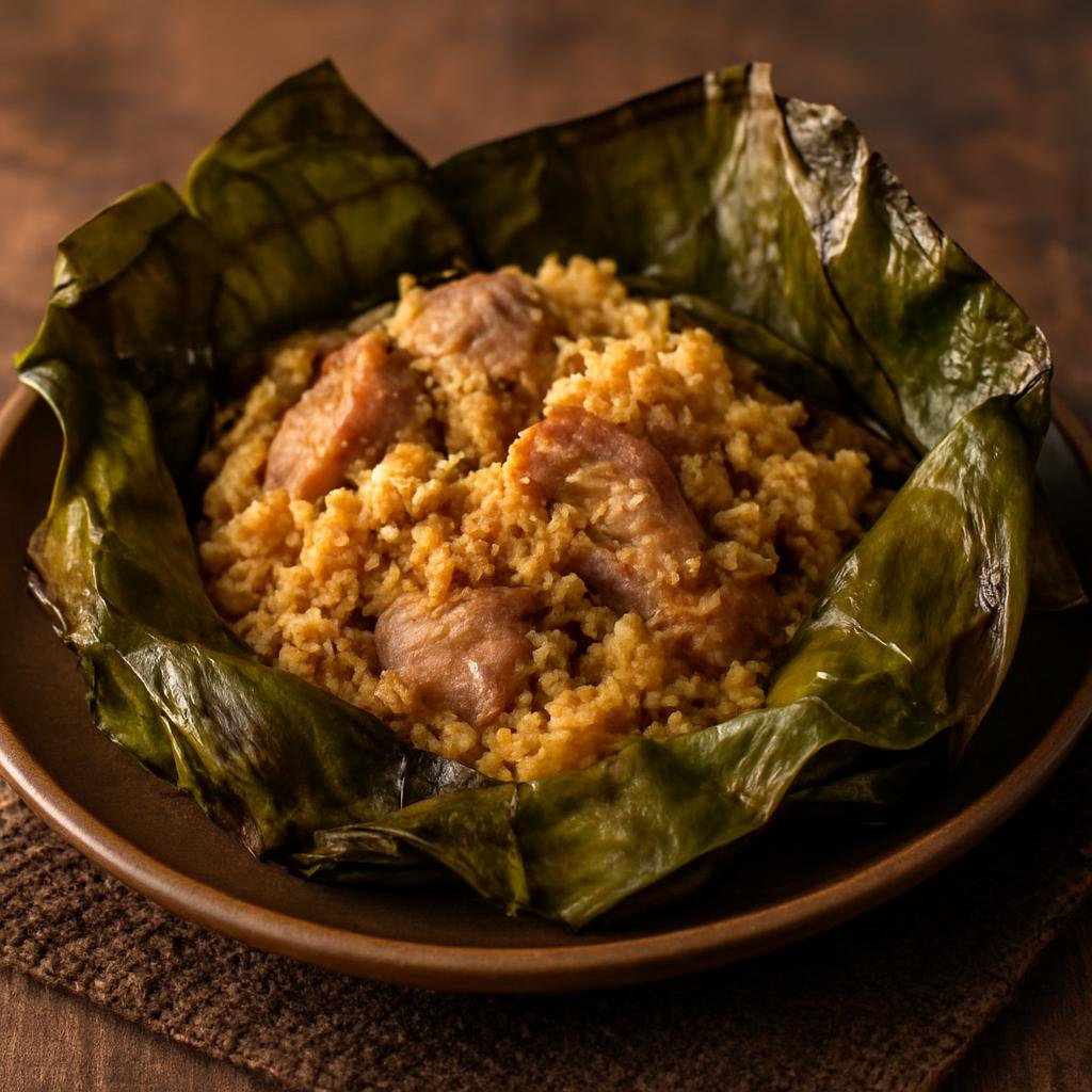 Entree: Papua New Guinea – Southern Culinary Region – Laplap (Baked grated root and coconut mixture wrapped in banana leaves, often with pork or fish) recipe