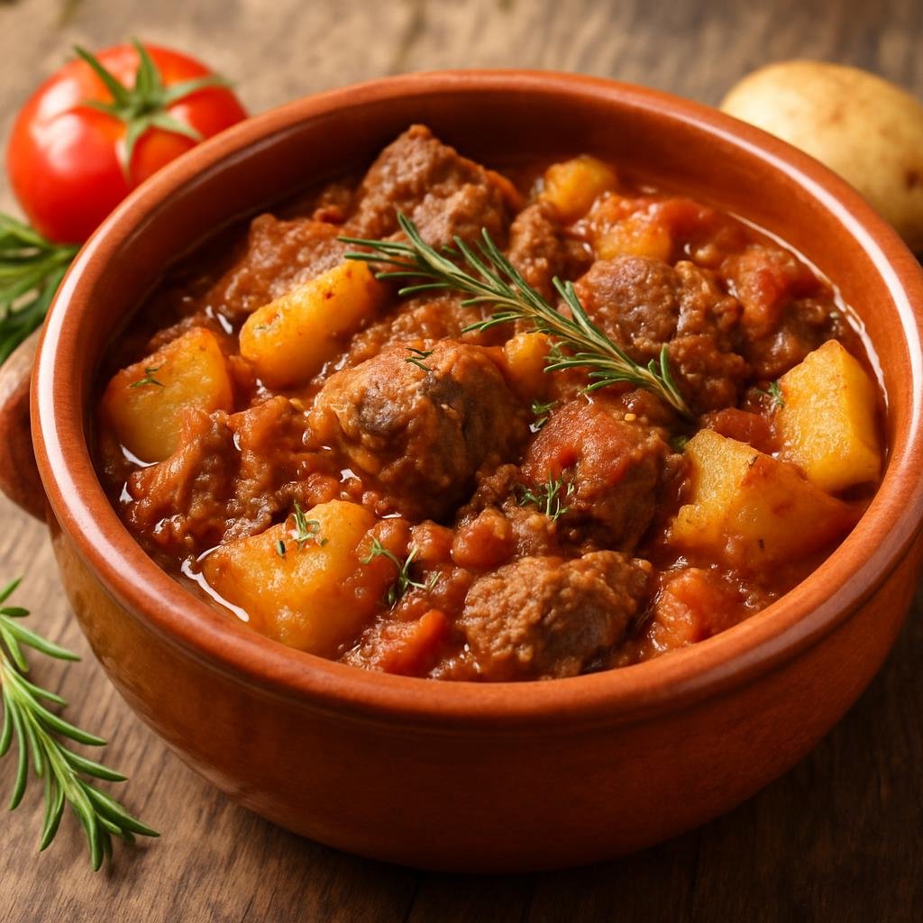 Entree: Italy – Basilicata – Pignata di Pecora (Slow-braised sheep stew traditionally cooked in an earthenware pot with tomatoes, potatoes, and Mediterranean herbs) recipe