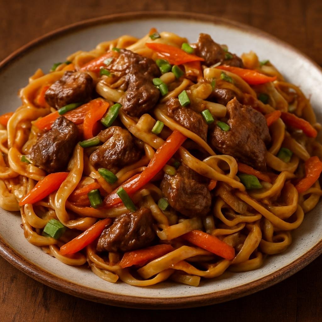 Entree: Russia – Buryat & Lake Baikal – Цуйван ➤ Tsuivan (Stir-fried hand-rolled flat noodles with lamb and vegetables) recipe