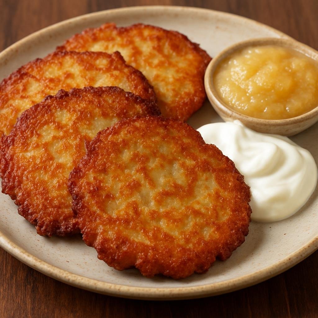 Entree: Poland – Lesser Poland / Krakow – Placki Ziemniaczane (Crisp pan-fried potato pancakes made from grated potatoes and onion, traditionally served with sour cream or applesauce) recipe