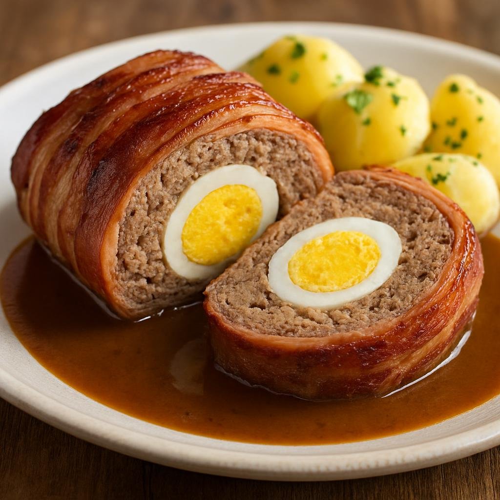 Entree: Denmark – Copenhagen & Zealand – Forloren Hare (A Danish baked meatloaf wrapped in bacon with a boiled-egg center, served with a rich brown gravy) recipe