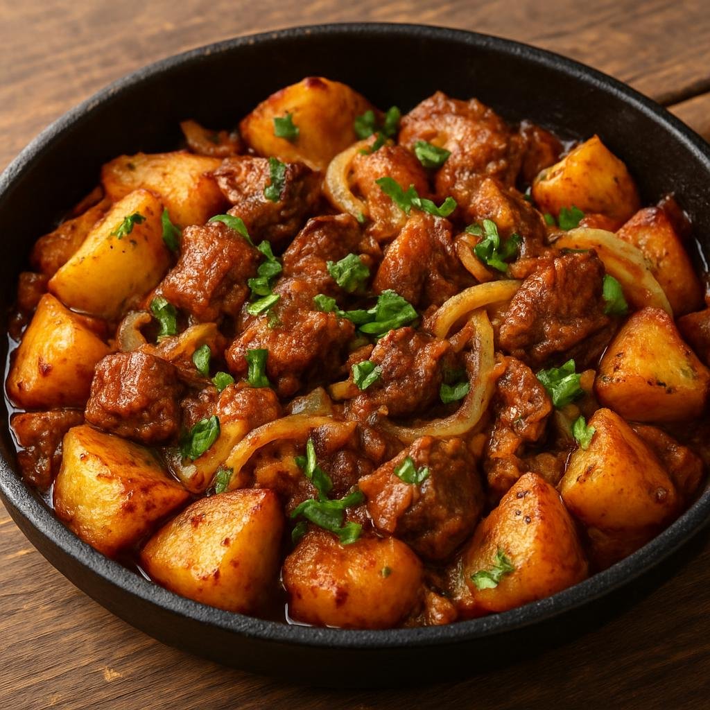 Entree: Georgia – Kakheti – ოჯახური ➤ Ojakhuri (Hearty Georgian skillet of braised meat and potatoes flavored with onions and local spices) recipe