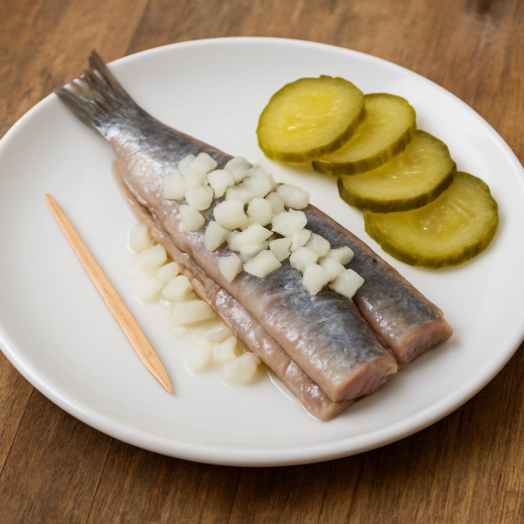 Entree: Netherlands – Holland / Amsterdam – Haring (Lightly cured raw North Sea herring served with onions and pickles) recipe