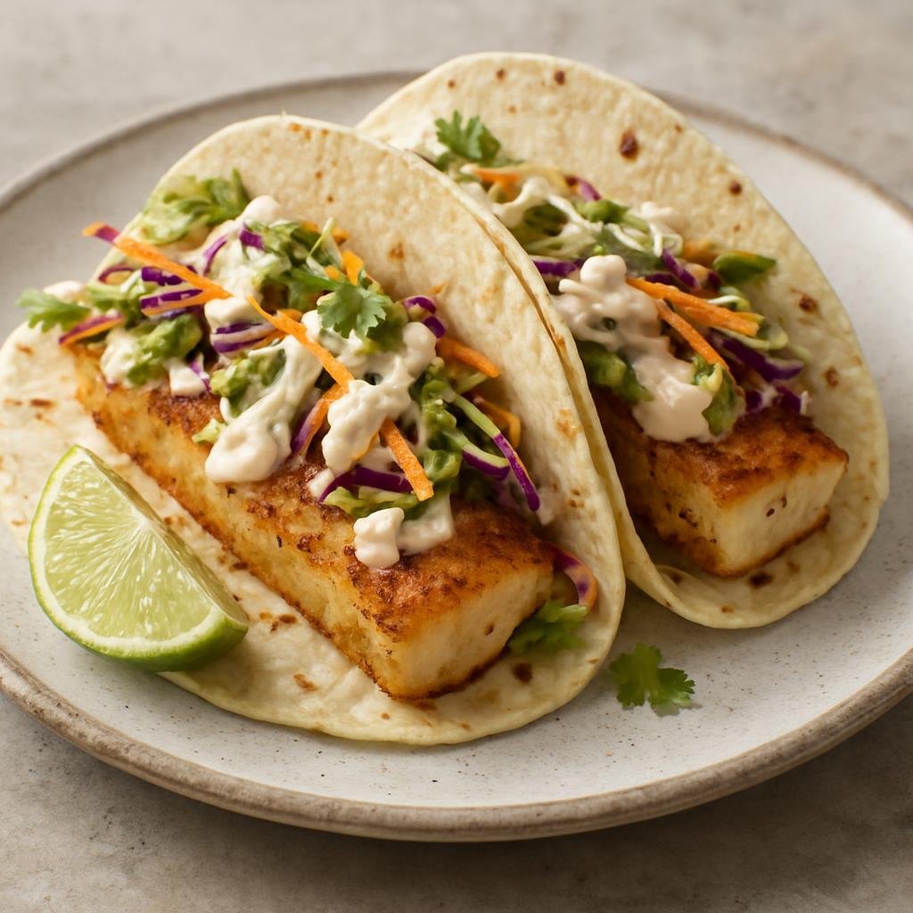 Entree: Antarctica – Northern Culinary Region – Antarctic Fish Tacos (Soft tortillas filled with pan-seared Antarctic whitefish, zesty cabbage-lime slaw, and creamy tangy sauce) recipe