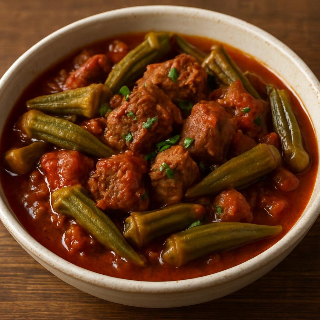 Entree: Bosnia and Herzegovina – Northern Culinary Region – Bamija (Stewed okra with meat and tomatoes simmered until tender) recipe