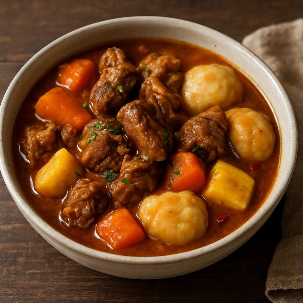 Entree: Dominica – Northern Culinary Region – Goat Water (Traditional Dominican spicy goat stew simmered with root vegetables and dumplings) recipe