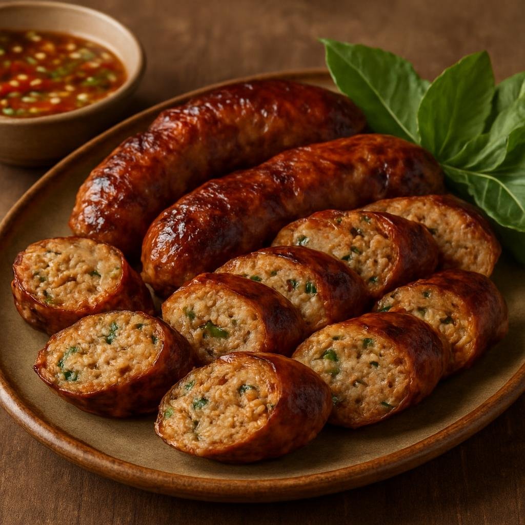Entree: Laos – Southern Laos – ໄສ່ອວ ➤ Sai Oua (Grilled Lao herb-and-spice pork sausage flavored with lemongrass and kaffir lime) recipe