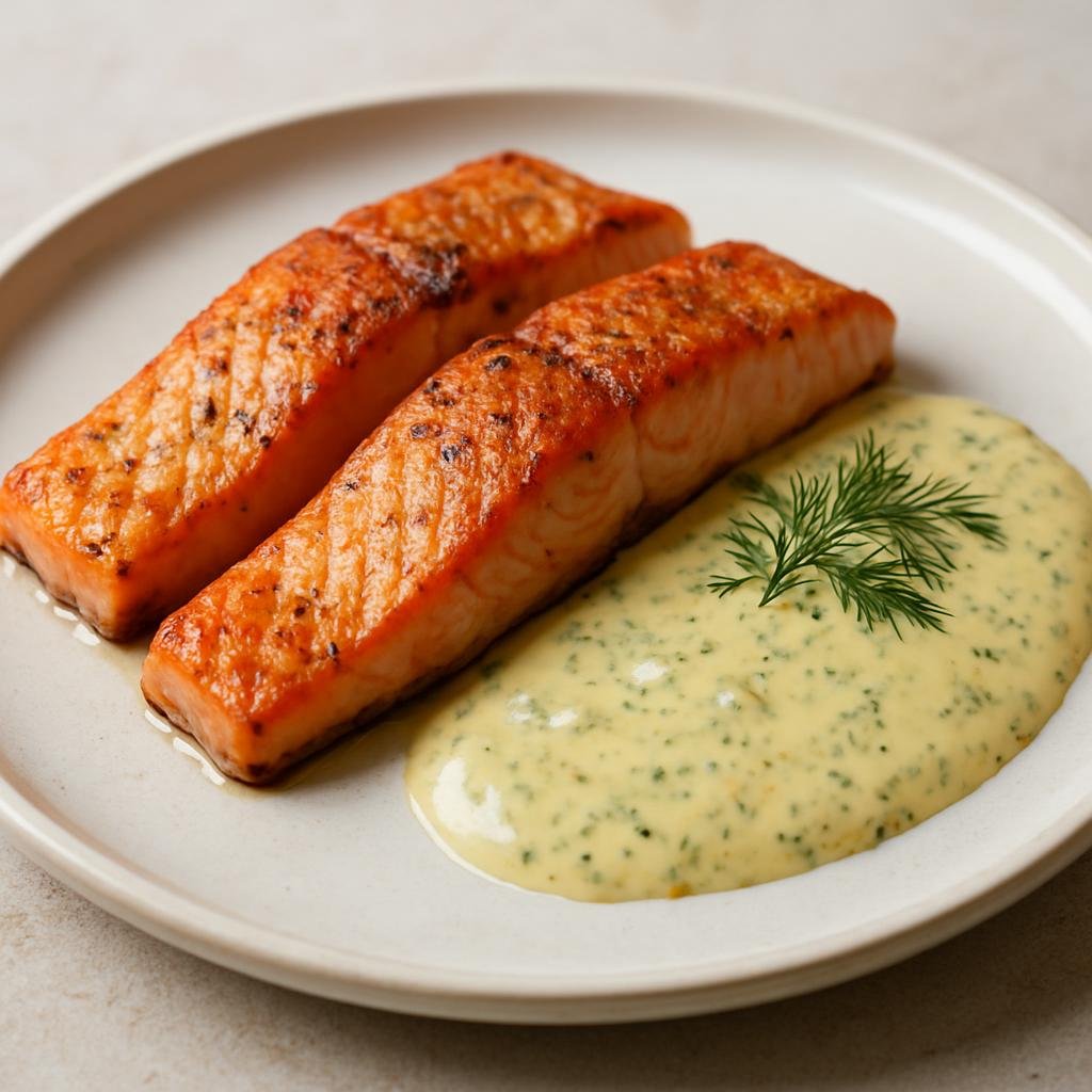 Entree: Norway – Oslo & Eastern Norway – Stekt Laks (Pan-seared salmon fillets seasoned simply and served with a creamy dill mustard sauce) recipe