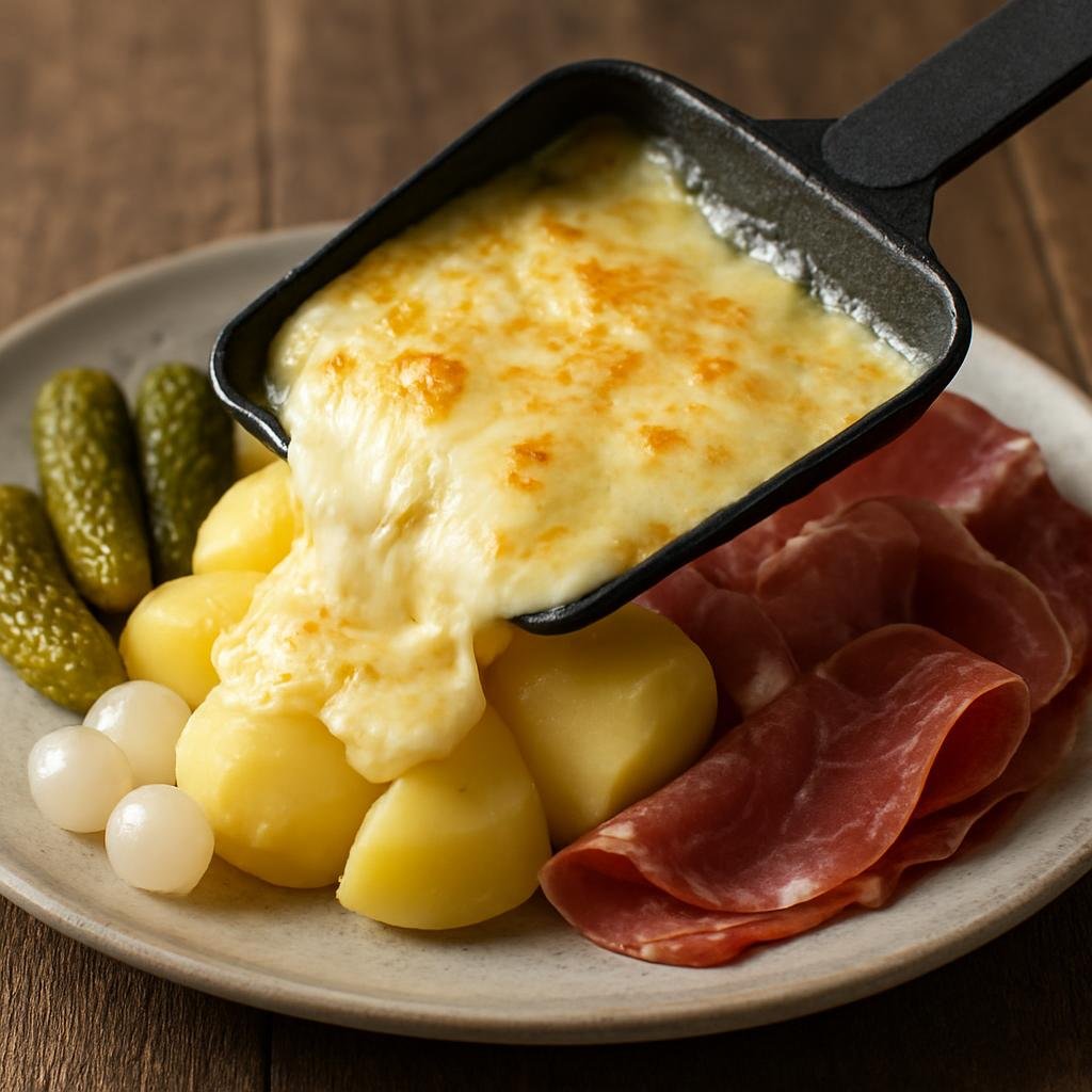 Entree: Switzerland – German Swiss – Raclette (Melted alpine cheese scraped over boiled potatoes and served with pickles and cured meats) recipe