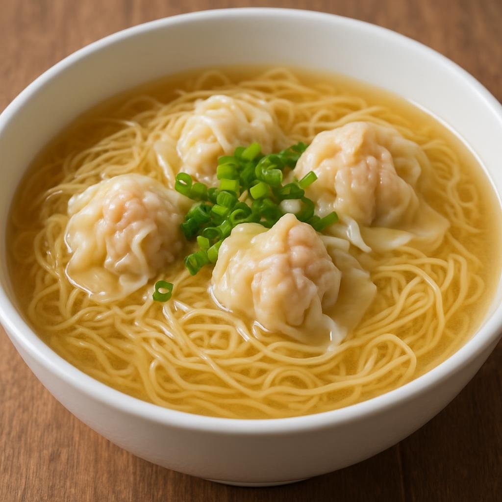 Entree: Hong Kong – Southern Culinary Region – 雲吞麵 ➤ Wàhn tān mihn (Thin egg noodles in clear broth topped with pork and shrimp dumplings) recipe