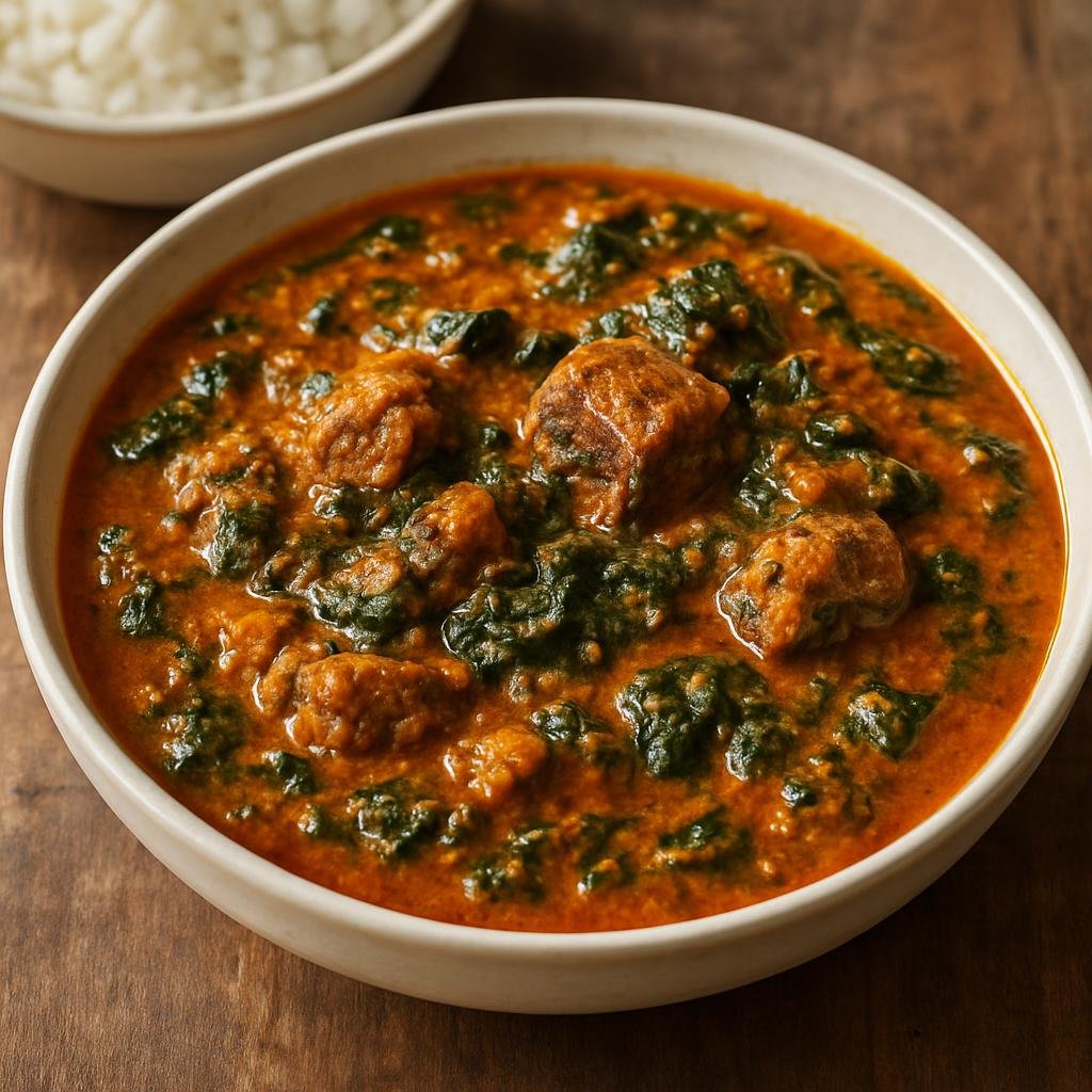 Entree: Sierra Leone – Southern Culinary Region – Palm Butter (Thick palm-fruit cream stew cooked with meat or smoked fish and leafy greens) recipe