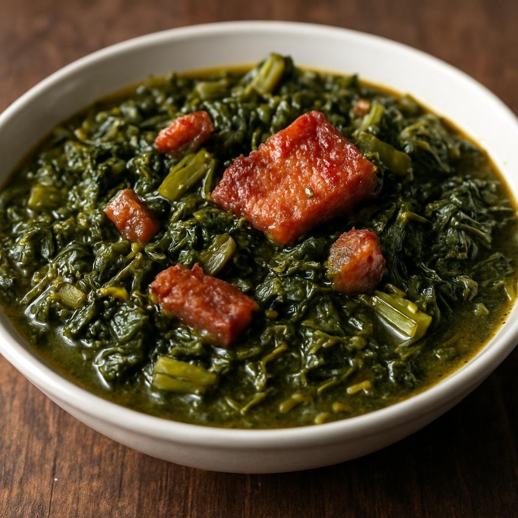 Entree: Sint Maarten (Dutch part) – Southern Culinary Region – Callaloo with Salt Meat (Leafy green stew made with callaloo greens and cured salted meat) recipe