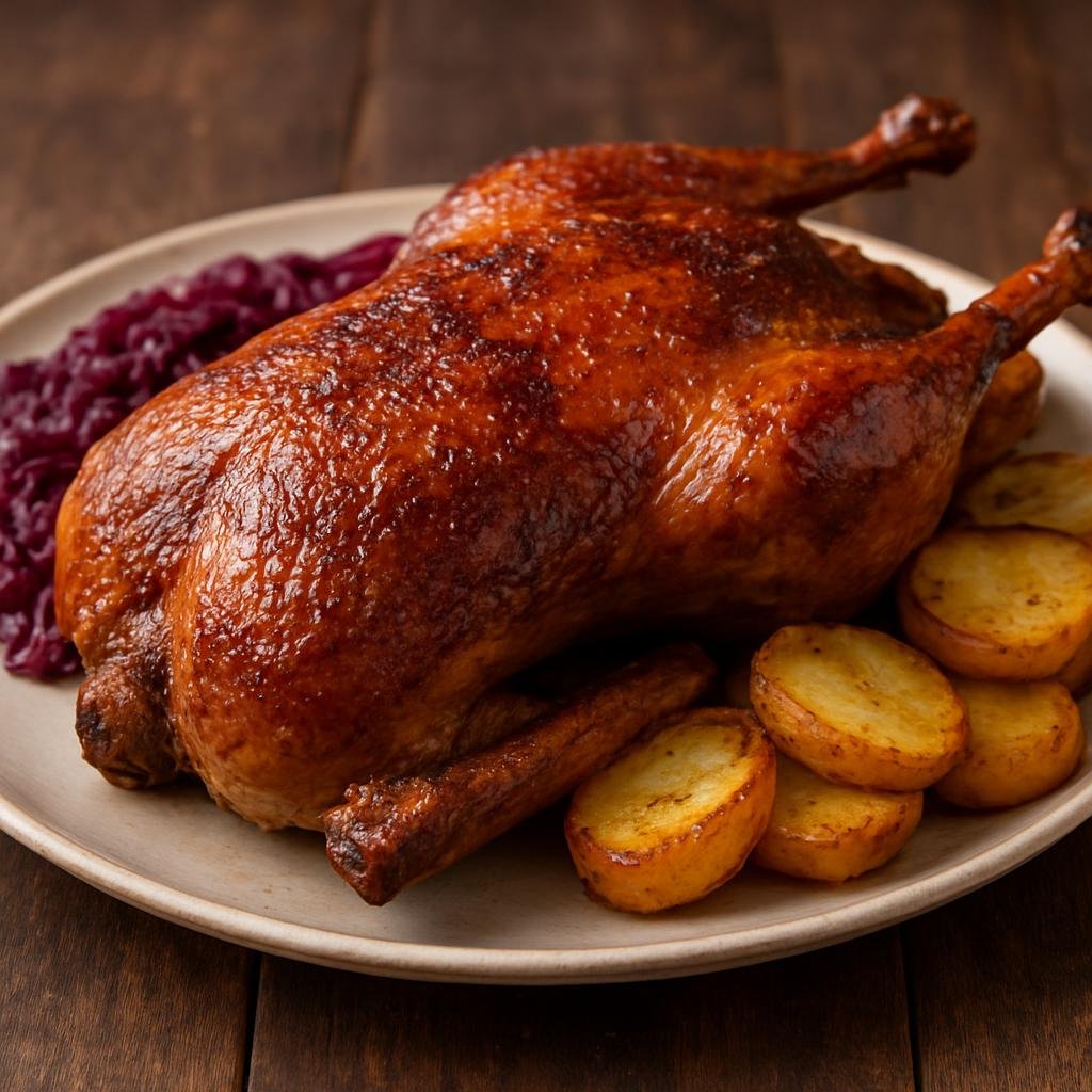 Entree: Slovakia – Southern Culinary Region – Pečená Kačka (Traditional oven-roasted whole duck with crisp skin) recipe