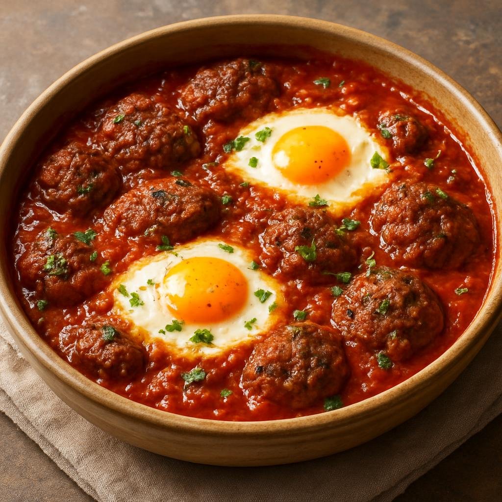 Entree: Morocco – Casablanca & Atlantic Coast – كفتة مكاورة ➤ Kefta Mkaouara (Spiced ground-meat patties cooked in a tomato sauce and finished with baked eggs) recipe