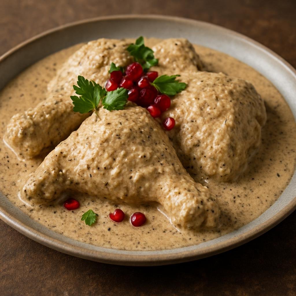 Entree: Georgia – Kakheti – საცივი ➤ Sats'ivi (Cold poached chicken served in a rich spiced walnut sauce) recipe