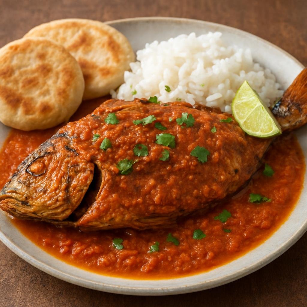Entree: Tanzania – Northern Tanzania – Samaki wa Kupaka (Grilled or baked whole fish coated in a spiced coconut-tomato sauce typical of East African coastal cuisine) recipe