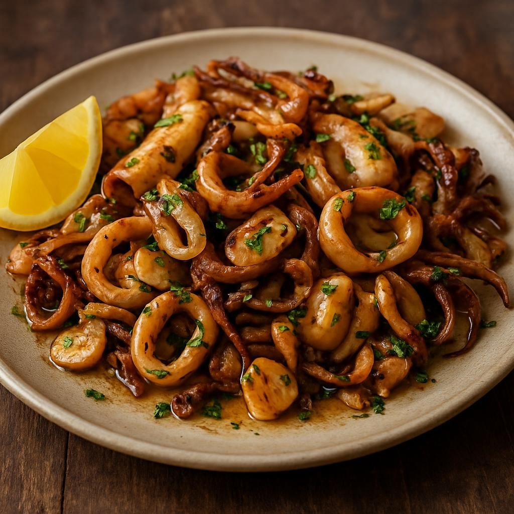 Entree: Antarctica – Northern Culinary Region – Sautéed Squid with Garlic (Quick pan-seared squid tossed with garlic, lemon, and parsley) recipe