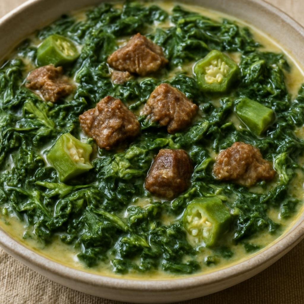 Entree: Antigua and Barbuda – Northern Culinary Region – Callaloo (Hearty Caribbean stew of tender leafy greens cooked with okra, coconut milk and seasoned meat) recipe