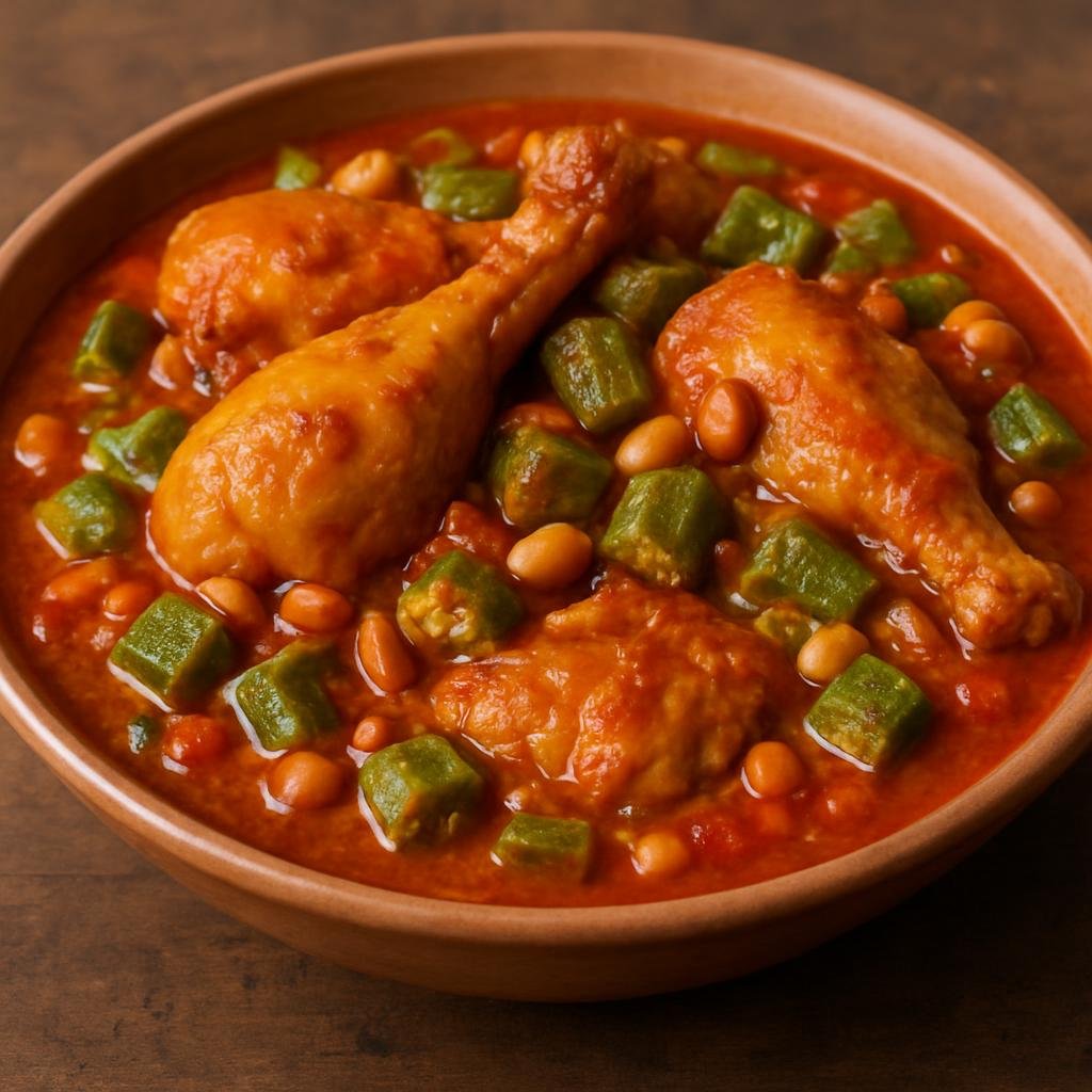 Entree: Central African Republic – Northern Culinary Region – Muamba de Galinha (Chicken stewed in red palm oil with peanuts, tomato, and okra) recipe