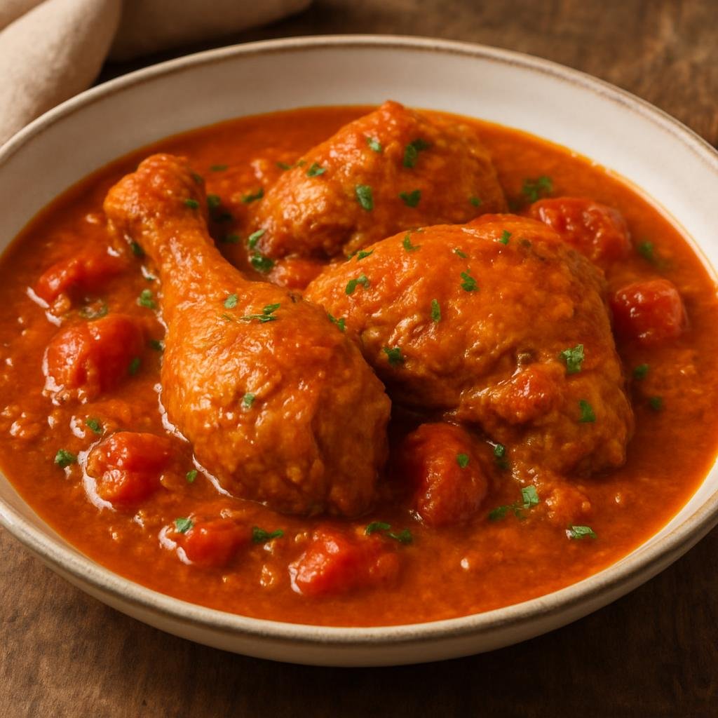 Entree: Equatorial Guinea – Northern Culinary Region – Poulet Nyembwe (Chicken braised in a rich palm-nut sauce with tomatoes and aromatic spices) recipe