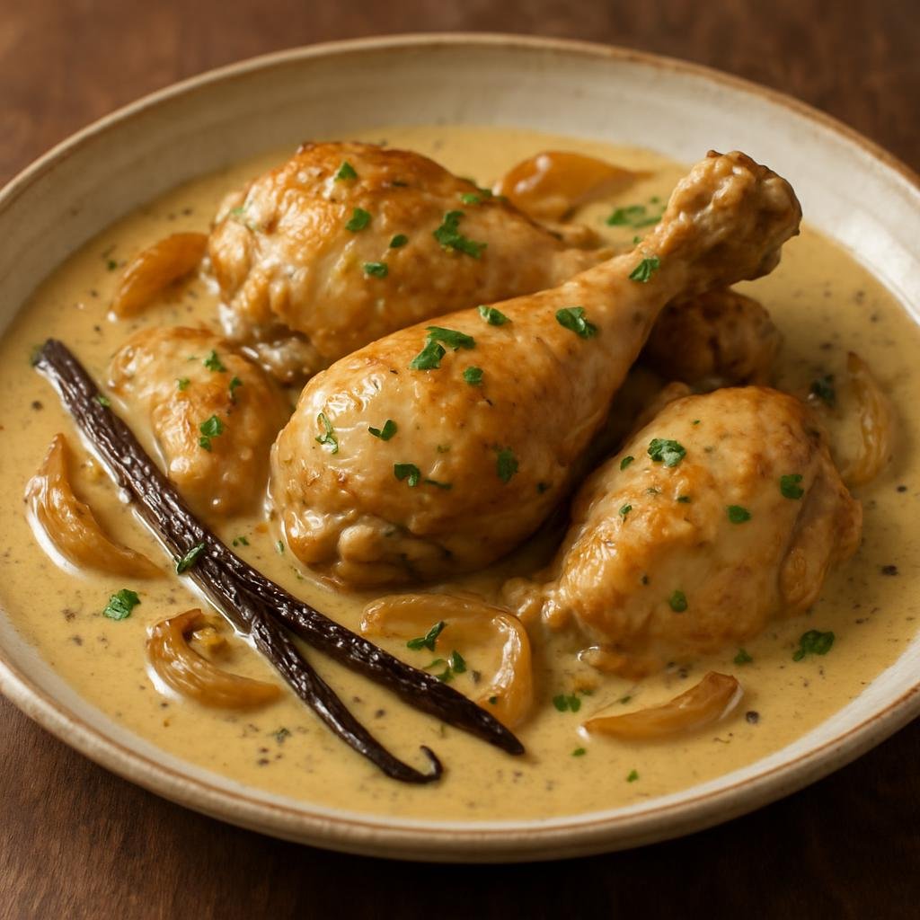 Entree: French Polynesia – Northern Culinary Region – Poulet a la Vanille (Vanilla-scented braised chicken in a coconut-vanilla sauce) recipe