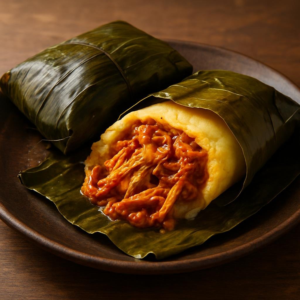 Entree: Guatemala – Southern Culinary Region – Paches (Banana-leaf wrapped potato-based tamale filled with savory shredded chicken and sauce) recipe