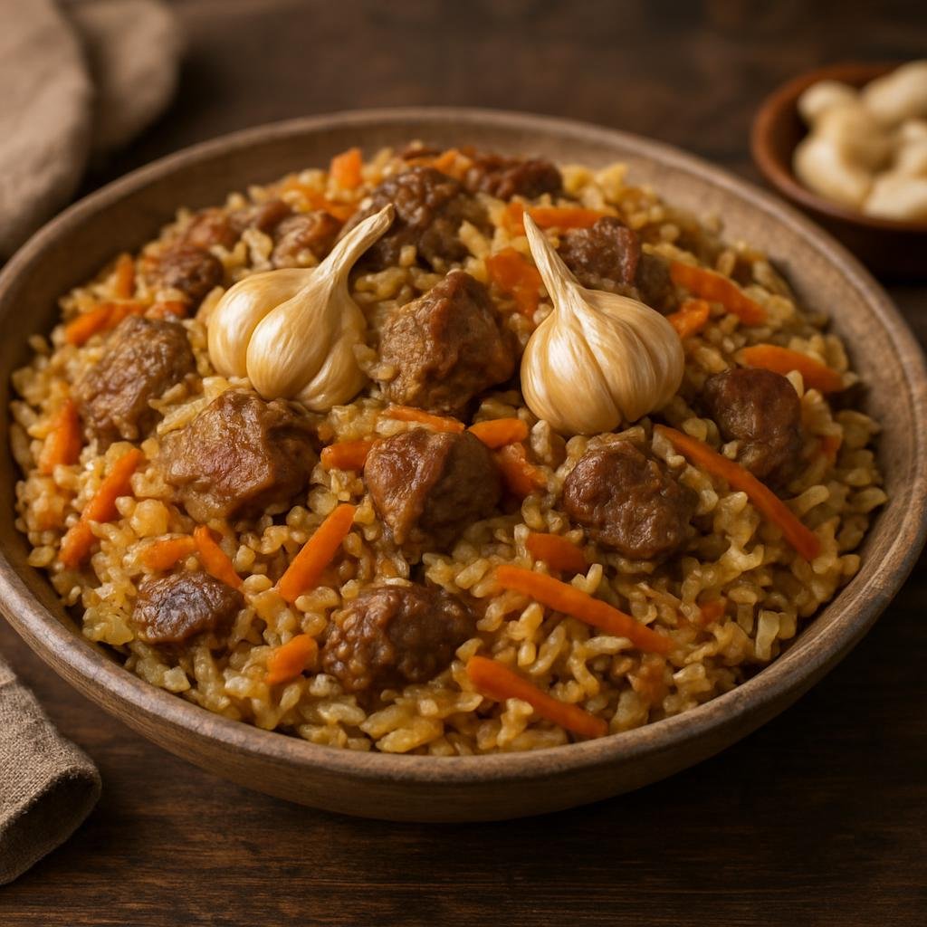 Entree: Kyrgyzstan – Southern Culinary Region – Ганфан ➤ Ganfan (One-pot lamb and rice pilaf cooked with carrots and aromatics) recipe